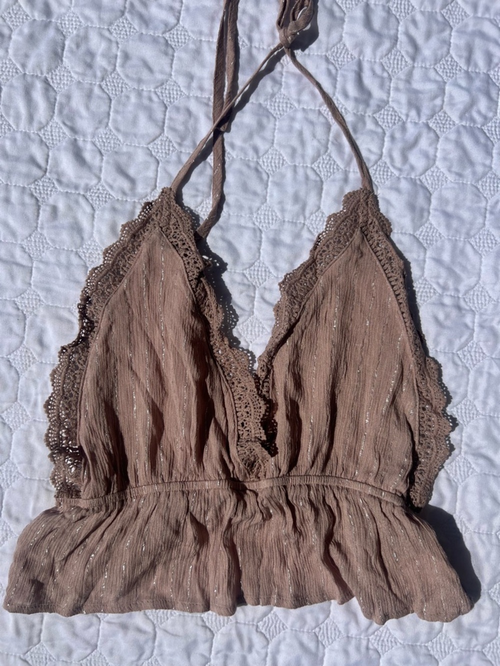 Open Back  halter neck crop top bralette style Boho Festival brown lace medium